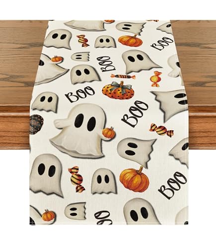 Halloween Tischläufer Mit Geister-Muster – 183 X 33 Cm, Aus Leinen, Waschbar, Für Party-Deko & Tischschutz