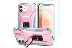 Wanyuexes Case for iPhone 12/for iPhone 12 Pro with Screen Protector, Camera Protection Card Slot, 360° Metal Ring Stand Shockproof Mobile Phone Case for iPhone 12 PC Pink