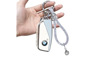 Yumzeco Car Key Case Compatible with B_MW with Bling Diamonds Keychain,4 Buttons Key Fob Case for 2 3 5 7 series X1 X4 X5 X6 X7 i4 i7 iX XM,TPU Silicone Key Case Cover BMW Keyless Key Protector-White
