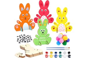 LEMOTOY 10 Stück Hasen aus Holz zum Bemalen, DIY Osterhase Deko, Bastelset Kinder mit Bunte Mini Pompons und Kulleraugen und Bemaltes Set, für Kinder Ostern und Frühling zum Dekorieren (A)