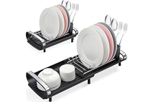 Urackify Petit Égouttoir à Vaisselle, Egouttoir Vaisselle Extensible, Compact Egoutoire Vaisselle Cuisine en Acier Inoxydable avec Panier à Couverts, Noir