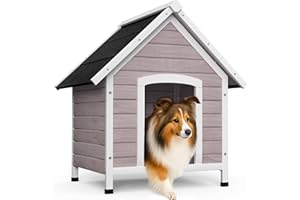 VOUNOT® Caseta para Perros Exterior con Techo Asfáltico y Pies Antideslizantes Casa para Perros Mascotas Perrera de Madera Impermeable Base Extraíble Refugio Canino Perruno 72x65x83 cm, Gris