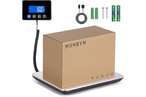 MUNBYN Bascula Industrial, Balanza Postal 200kg/50g, Bascula Maletas Viaje, con Función de Retención/Tara, Pantalla LCD, Acero Inoxidable, para Equipaje y Almacén, Incluye 2 Pilas AAA y Cable Tipo C