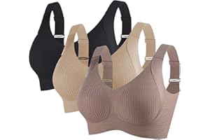 LANUNLLY 3 Piezas Sujetador Reductor sin Aros Sujetador Deportivo Alto Impacto Talla Grande Sujetadores Básico sin Costuras Cuello V Push Up Bandolera Ajustable con Relleno Suaves Cómodo Transpirable Sostenes
