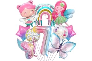 AURASKY Palloncini Farfalla Compleanno 7 Anni, Decorazioni Compleanno 7 Anni, Palloncini Foil Fata Arcobaleno, Addobbi Compleanno Ragazza per Farfalla Tema Feste Decorazioni