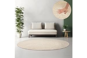 ‎HOMEBYHOME HomebyHome Hochflor Runder Teppich 200 cm Rund Einfarbig Creme Teppich Langflor Shaggy Modern Teppich für Wohnzimmer, Schlafzimmer, Pflegeleicht Flauschig Weich Rund Großer Teppich