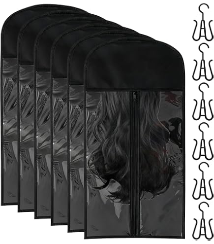6 Stück Perücken Aufbewahrungstasche, Staubdichte Perückentasche mit Aufhänger Tragbare Haarverlängerung Aufbewahrung für Kleiderschrank Reise Perücke Lagerung (Schwarz) Kosmetik