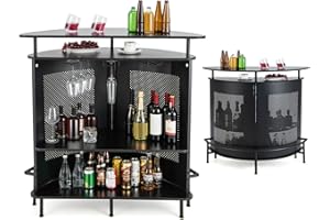 KOMFOTTEU Mesa Alta de Bar con Estante Elevado y Portavasos, Mesa Barra de Cocina de 4 Niveles de Metal, Mueble de Comedor Industrial con Patas Ajustables (Semicircular)