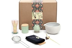 Artcome Japanese Matcha Tea Set, Matcha Bowl with Pouring Spout, Matcha Whisk, Tea Scoop, Ceramic Whisk Holder, Matcha Powder Caddy, Handmade Matcha Ceremony Kit for Japanese Tea Ceremony (9Pcs)