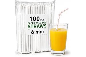 100 Pcs 6 mm White Striped Flexible Plastic Drinking Straws (6 mm × 20 cm (0.24 × 7.8 Inch), Individually Paper Wrapped, Reusable Bendable Drinking Straws for Juice, Soft Drinks, Cafes, Crafts & DIY