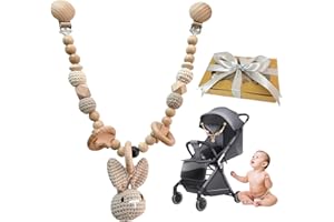GYHWOFUL Pram Chain Crochet Rabbit, Pram Toy with Bells, Cute Animal Shape Wooden Pram Chain, Pram Toy, Birth Gift for Newborn Girls Boys