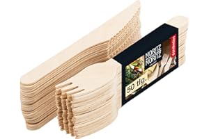 Moritz & Moritz 50-tlg. Einwegbesteck Set aus Birkenholz - Kompostierbares Holzbesteck als Alternative zu Plastikbesteck, Bambusgeschirr usw.
