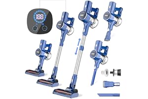 HiKiNS 6 IN 1 Aspiradora sin Cable, 300W/28Kpa Aspiradoras Escoba Potente con Pantalla LED y Nuevo Motor, 45 Minutos de Autonomía, 1L, Batería Extraíble, para Alfombras, Suelos y Pelo de Mascotas