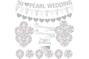 JOYMEMO 30th Wedding Anniversary Decorations 30th Pearl Anniversary Balloons Banner Heart Rings Cake Topper Satin Sash for 30th Couple Pearl Wedding Anniversary Party Supplies