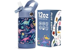 pluseight Kids Insulated Water Bottle with Straw Lid, 12 oz BPA-Free Double Wall Vacuum Tumbler 18/8 Stainless Steel Leak Proof Kids Cups with Straw for School Travel Boys Girls (Dinosaur)