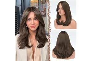 FESHFEN Perruque Longue avec Frange, Brun Moyen Perruques Naturelle Synthétiques Perruque de Cheveux Perruque pour Femme 45 cm