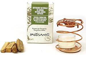 PALOSANTO - Diffusore di Aromi con Candela di Soia che Scalda il Paletto e Diffonde l'Aroma - Inclusi 4 Legnetti Palo Santo Pequeño - in Rame Made in Italy