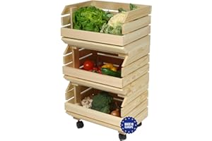 GENERISCH Juego de cajas apilables para verduras con ruedas, 3 cajas de madera, estantería, horda de frutas, caja de patatas, madera natural, con instrucciones