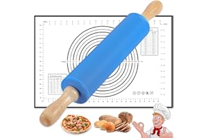 BEIJIE Rodillo Cocina, Rodillo Amasar de Acero Inoxidable con Tapete Silicona Horno, Rodillo Cocina Silicona con Mango de Madera, Rodillo Masa Antiadherente para Fondant, Pizza, Pastas - Azul