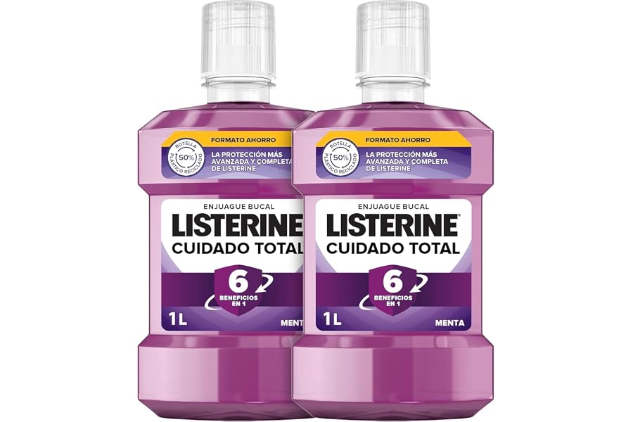 Listerine Cuidado Total (pack de 2 x 1 L), enjuague bucal con flúor, colutorio bucal con 6 beneficios en 1, elixir bucal para