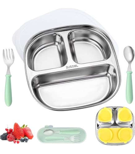 Piatto Svezzamento Con Ventosa - 3 Scomparti In Acciaio Inossidabile 304, Con Coperchio E Posate Per Bambini | Ideale Per Casa E Viaggio - Foto 10