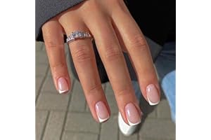 Ceboic Kwadratowe sztuczne paznokcie krótkie, cieliste różowe francuskie tipsy do paznokci, akrylowe naklejki do paznokci z naklejką, zdejmowane, eleganckie, białe obramowanie, sztuczne paznokcie dla