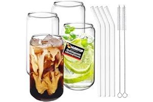 HURRY UP Verre Canette Lot De 4, 500ml Verre avec Paille, Verre Bubble Tea Réutilisables, Verre Cocktail avec Paille, Verre a Smoothie avec Paille pour Smoothies, Milkshakes, Cocktail, Jus De Fruits, Bière