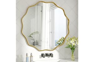 ‎BEAUTYPEAK BEAUTYPEAK Runder Spiegel 76 cm, Wandspiegel mit Gewellter Kante, Aluminiumrahmen, Spiegel Rund zum Aufhängen und Anlehnen, Rund Wandspiegel für Schlafzimmer, Badezimmer, Flur Gold