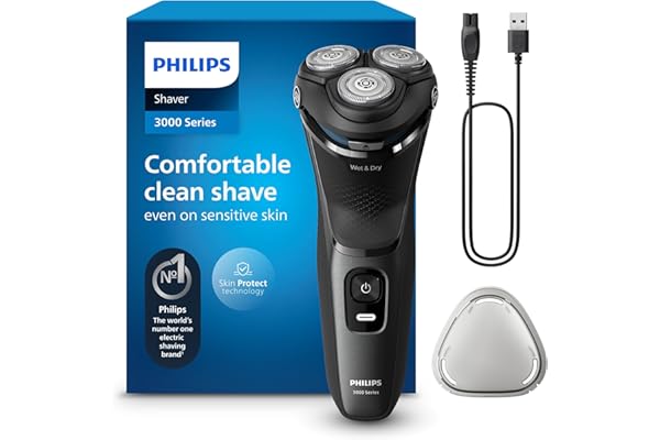 Philips Serie 3000 Afeitadora Eléctrica Hombre, Máquina de Afeitar Barba con Cortapatillas, 27 cuchillas, Cuida la piel, 60min de uso, En Seco y Húmedo, Recargable, S3145/00, Luna