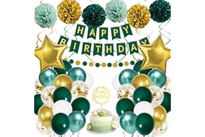 KISPATTI Birthday Decorations, Green Gold Birthday Party Decorations for Boy Girls Men Women, Green Balloons with Happy Birthday Banner, Paper Pompoms, Confetti Balloons