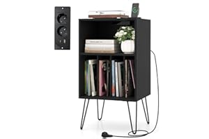 KOMFOTTEU Supporto per Giradischi in Vinile con Stazione di Ricarica, 5 Scomparti, Espositore per Dischi con Gambe in Metallo, Mobile Giradischi Capacità di Carico 50kg, 48 x 40 x 88 cm (Nero)