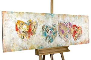 KunstLoft Leinwandbild | 100% HANDGEMALT | 150x50cm | Gemälde 'Color My Heart' | Herz | Bunt Beige | Wandbild Wohnzimmer