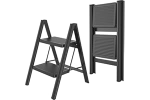 Aufun Escalera plegable de 2 peldaños, con pedal antideslizante ancho, escalera doméstica, taburete multifuncional, fácil de guardar hasta 270 kg, escalera para el hogar, oficina, color negro