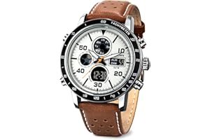 PINDOWS Watches for Men, Men Military Digital Analog Casual Dual Time Leather Wristwatch Multifunctional Fashion Watch with LED Backlight Alarm Stopwatch Calendar