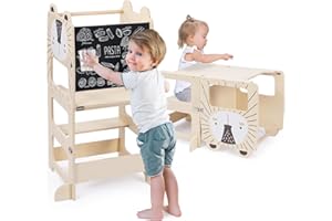 JOLIE VALLÉE TOYS & HOME Kids Step Stool, Kitchen Stool Aid for Toddlers Wooden Learning Standing Tower with Chalkboard Foldable Toddler Table and Chair Set 2 in 1 Helper Standing Tower for 18 Months (lion)