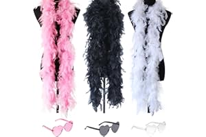 Aonuily Feather Boas Multipack, 6Pcs Feather Boa and Heart Glasses for Women Dancing Wedding Party Cosplay Halloween (Pink,White,Black)