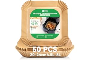 ‎INWEE Inwee Papier do pieczenia do frytkownicy, 50 sztuk Kwadratowy papier do pieczenia 20-24cm, kompatybilny z COSORI, Ninja, Tefal, Tower, 4,5L-8L papier do frytkownicy z powłoką antyprzymakową, Bez BPA