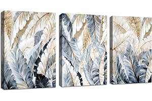 FajerminArt 3 Pieces Abstract Feathers Canvas Wall Art Gold Grey Feather Pictures Painting on Canvas Prints for Living Room Bedroom Office Wall Decor Ready To Hang Stretched On Frame 30x40cmx3 Pcs
