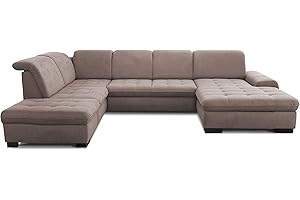 ‎CAVADORE CAVADORE U-Form Lexi mit XXL-Longchair / Inkl. Bett, Stauraum und Kopfteilfunktion / Leichte Fleckenentfernung dank Soft Clean / 329 x 82-99 x 224 / Flachgewebe: Hellbraun