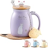 MengCat Tazza di Gatto Tazza di caffè in Ceramica Carina con Gattino Adorabile Coperchio,Cucchiaio in Acciaio Inossidabile, n