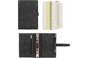 Wonderpool A6 Carnet de notes en cuir rechargeable 6 anneaux classeur avec papier pointillé laitière et la couverture multi-poches pour les voyages d'études commerciales (A6, Noir)