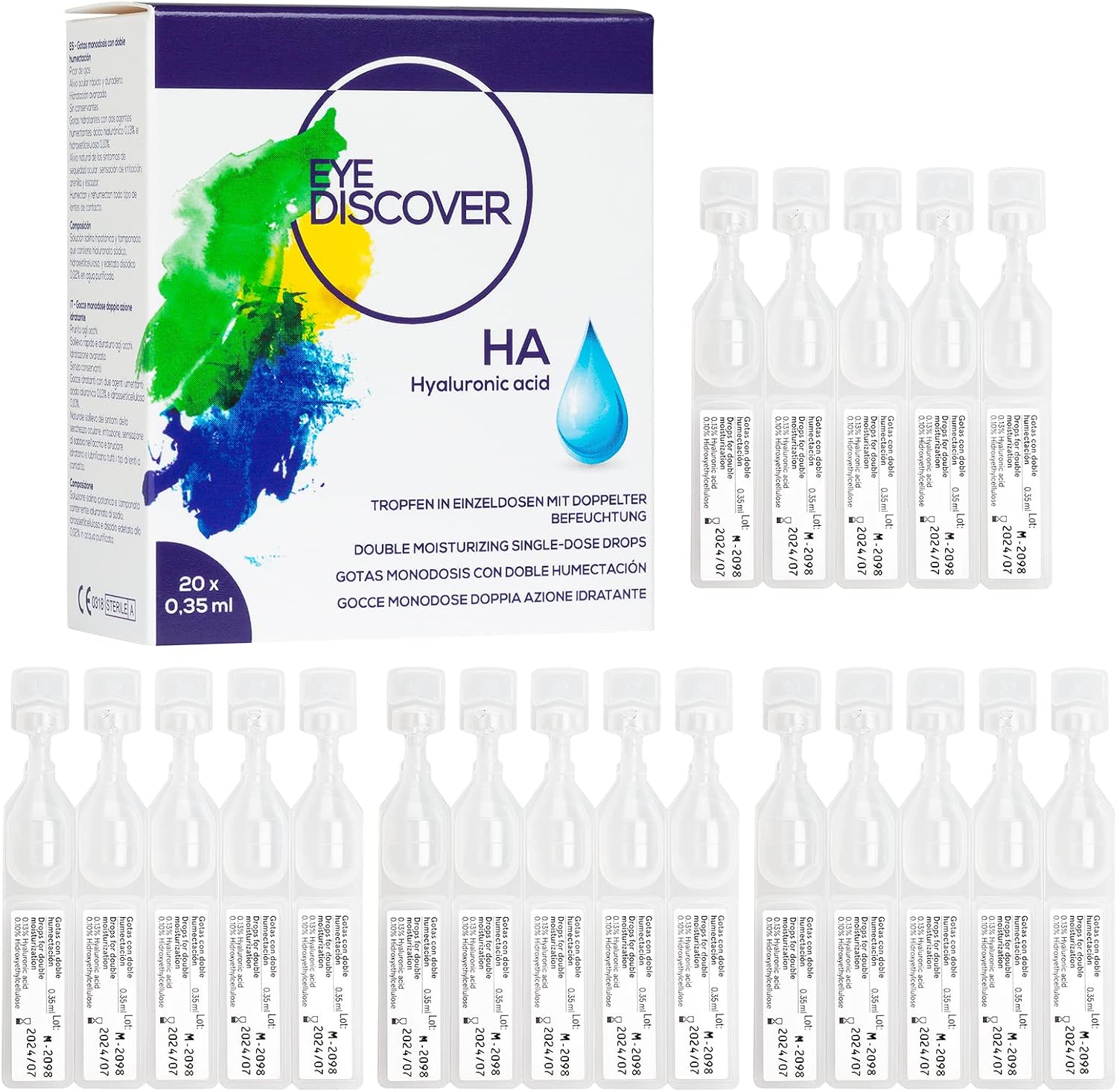 EYE DISCOVER, Gotas Ojos Secos Monodosis con Doble Humectación, Lágrimas Artificiales con Ácido Hialurónico e Hidroxietilcelulosa, Hidratantes, sin Conservantes, 20 Viales Monodosis de 0,35 ml
