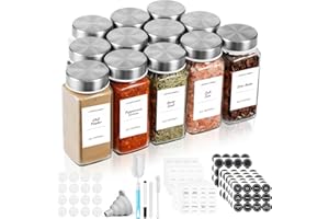 FRIBERG Pot a Epices,Lot De 12 X 120ml Pot à épices Verre,Bocaux Epices Avec Couvercle En Acier Inoxydable,Avec Tamis, étiquettes,Brosser, Entonnoir