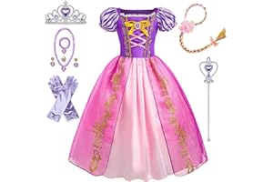 Amycute Vestito Principessa Bambina, Set Costume Principessa con Vestito Principessa, Corona, Collana, Bacchetta, Vestito Cosplay per Carnevale Halloween Natale Compleanno