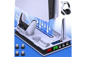 ALEEMTRY Supporto PS5 con Ventilatore a 3 Livelli, Stazione di Ricarica per Controller PS5, Gancio per Cuffie, 4 Prese USB C, Supporto PS5 per Console Edizione Disco e Digitale