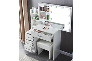 TOPHEHAN Dressing Table with LED Lights, Vanity Table with Adjustable Brightness Mirror, Makeup Desk with Drawers and Open shelves for Bedroom,Modern (H1903)