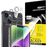 NEW'C Screen Protector for iPhone 14 + Camera Protector | 4 Pack, 2 Pack Screen Protector + 2 Pack Camera Lens Protector, Cle