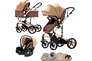 Nine point nine Carrito Bebe 3 en 1, Carricoche Bebe 3 Piezas con Capazo Grande Cómodo, Carro Bebe 3 Piezas Empuje Bidireccional Reversible, Cochecito Bebe Marco de Aleación Aluminio (588 Khaki)