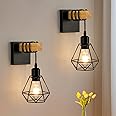 FORCOSO Vintage Wood Wall Lamp 2-Pack, Black E27 Sconce Lights, Industrial Rustic Wall Lighting for Living Room, Bedrooms, Hallway, Stair