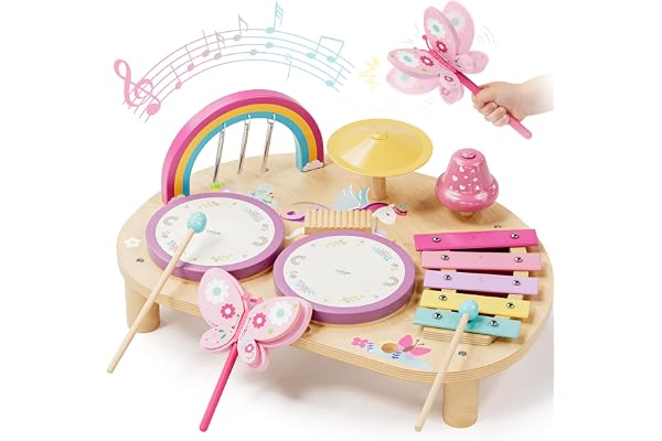 Lehoo Castle Table d'Instruments de Musique Bebe Montessori pour Batterie Enfant 1 2 3 Ans, Jouet avec Xylophone Percussion, Cadeau pour Fille Garçon 2 3 4 Ans, Jeu d'Éveil Musical